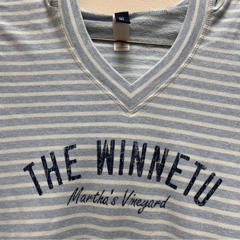 Martha’s Vineyard Graphic Striped Blue and White Nautical Hoodie with Drawstring - Picture 2 of 3